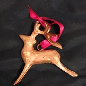 Gold Reindeer Ornament with Red Ribbon